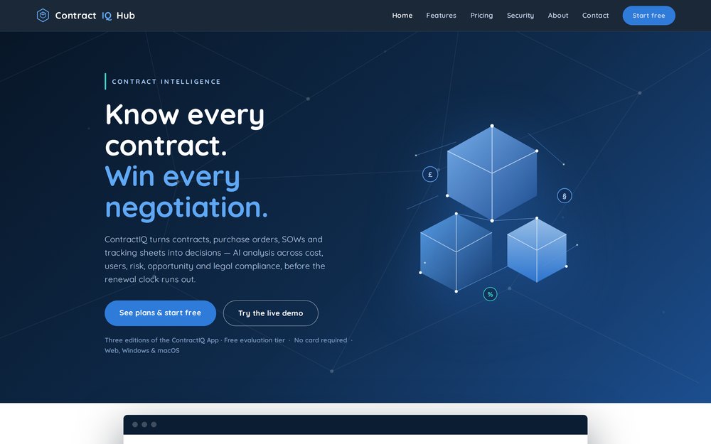ContractIQ portfolio dashboard: portfolio value, renewals due in 180 days, savings identified and high risks flagged, above two example contract records with renewal countdowns and grades.